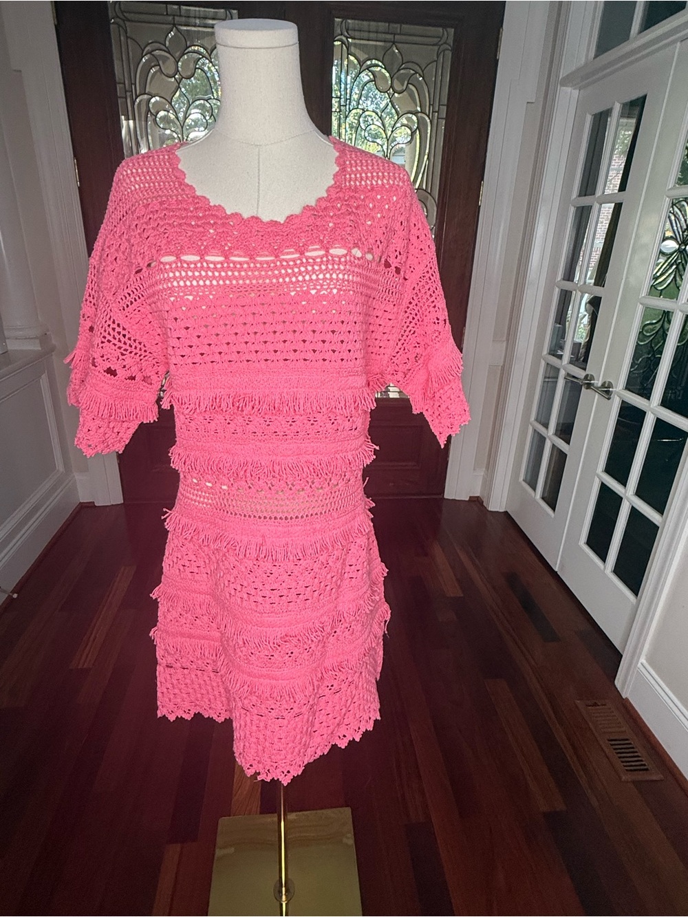 NWT Maje Rose Pink Crochet Fringe Open Knit Dress Size 40